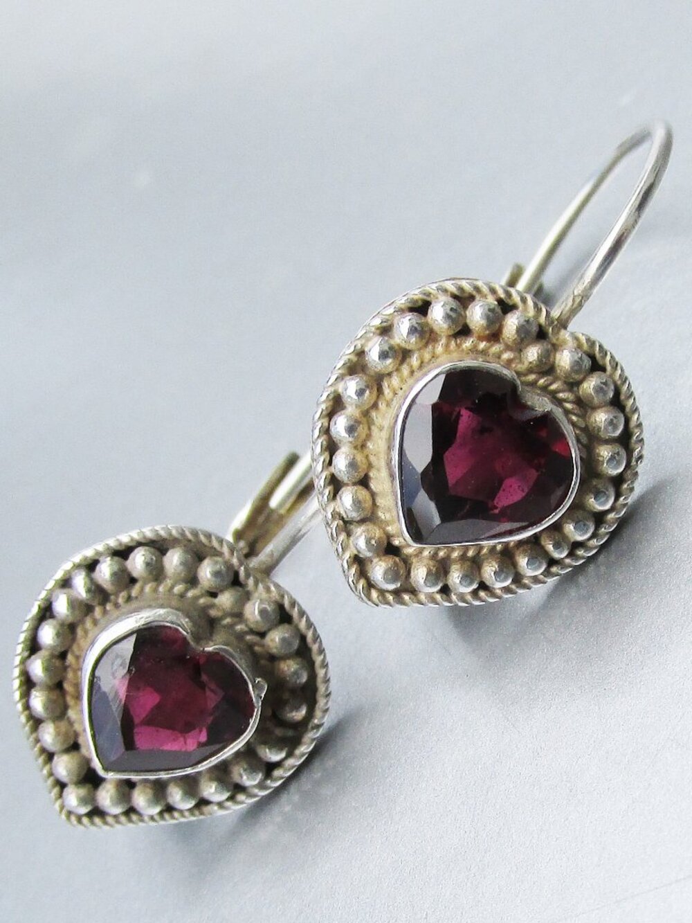 Vintage Sterling Silver Designs by FMC Garnet HEART Leverback Earrings